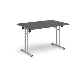 Rectangular folding leg table with silver legs and straight foot rails 1200mm x 800mm - Onyx Grey