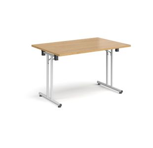 Rectangular folding leg table with white legs and straight foot rails 1200mm x 800mm - oak