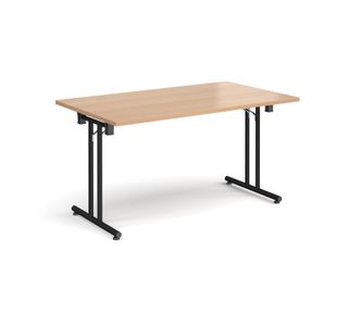 Rectangular folding leg table with black legs and straight foot rails 1400mm x 800mm - beech