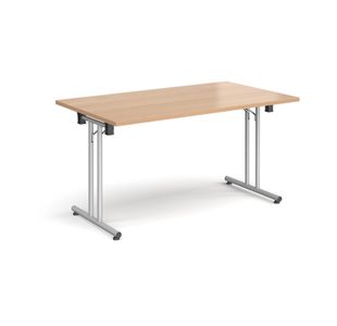 Rectangular folding leg table with silver legs and straight foot rails 1400mm x 800mm - beech