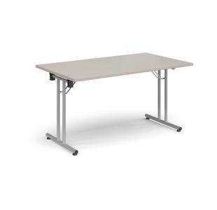 Rectangular folding leg table with silver legs and straight foot rails 1400mm x 800mm - Light Grey