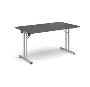 Rectangular folding leg table with silver legs and straight foot rails 1400mm x 800mm - Onyx Grey