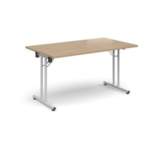 Rectangular folding leg table with white legs and straight foot rails 1400mm x 800mm - Kendal Oak