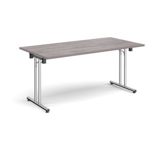 Rectangular folding leg table with chrome legs and straight foot rails 1600mm x 800mm - grey oak