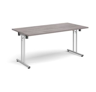 Rectangular folding leg table with silver legs and straight foot rails 1600mm x 800mm - grey oak