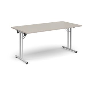Rectangular folding leg table with white legs and straight foot rails 1600mm x 800mm - Light Grey