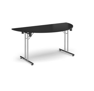 Semi circular folding leg table with chrome legs and straight foot rails 1600mm x 800mm - Black