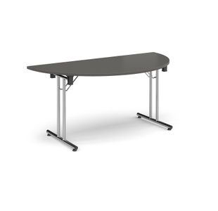 Semi circular folding leg table with chrome legs and straight foot rails 1600mm x 800mm - Onyx Grey