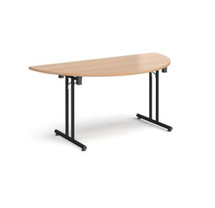 Semi circular folding leg table with black legs and straight foot rails 1600mm x 800mm - beech