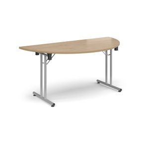 Semi circular folding leg table with silver legs and straight foot rails 1600mm x 800mm - Kendal Oak