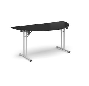 Semi circular folding leg table with white legs and straight foot rails 1600mm x 800mm - Black