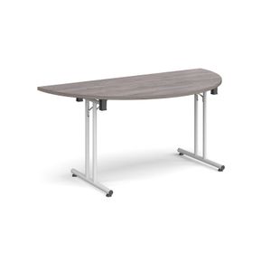Semi circular folding leg table with white legs and straight foot rails 1600mm x 800mm - grey oak