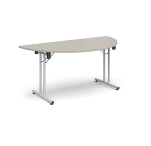 Semi circular folding leg table with white legs and straight foot rails 1600mm x 800mm - Light Grey