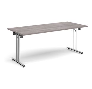 Rectangular folding leg table with chrome legs and straight foot rails 1800mm x 800mm - grey oak