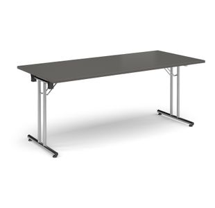 Rectangular folding leg table with chrome legs and straight foot rails 1800mm x 800mm - Onyx Grey