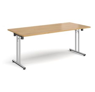 Rectangular folding leg table with chrome legs and straight foot rails 1800mm x 800mm - oak