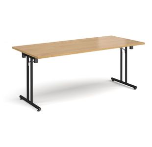 Rectangular folding leg table with black legs and straight foot rails 1800mm x 800mm - oak