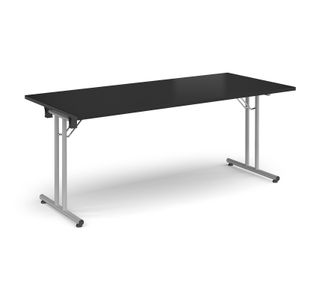 Rectangular folding leg table with silver legs and straight foot rails 1800mm x 800mm - Black