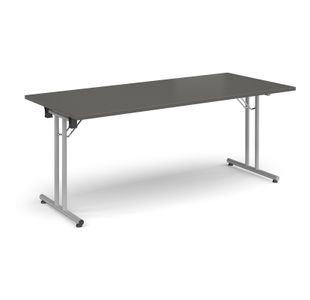 Rectangular folding leg table with silver legs and straight foot rails 1800mm x 800mm - Onyx Grey