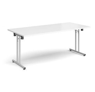 Rectangular folding leg table with silver legs and straight foot rails 1800mm x 800mm - white