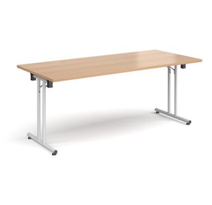 Rectangular folding leg table with white legs and straight foot rails 1800mm x 800mm - beech