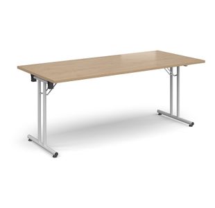 Rectangular folding leg table with white legs and straight foot rails 1800mm x 800mm - Kendal Oak
