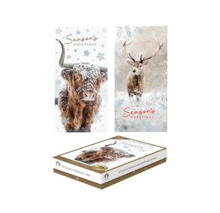 Luxury Boxed Highland Cow/Stag Christmas Cards x12 Pack of 6 X9114B