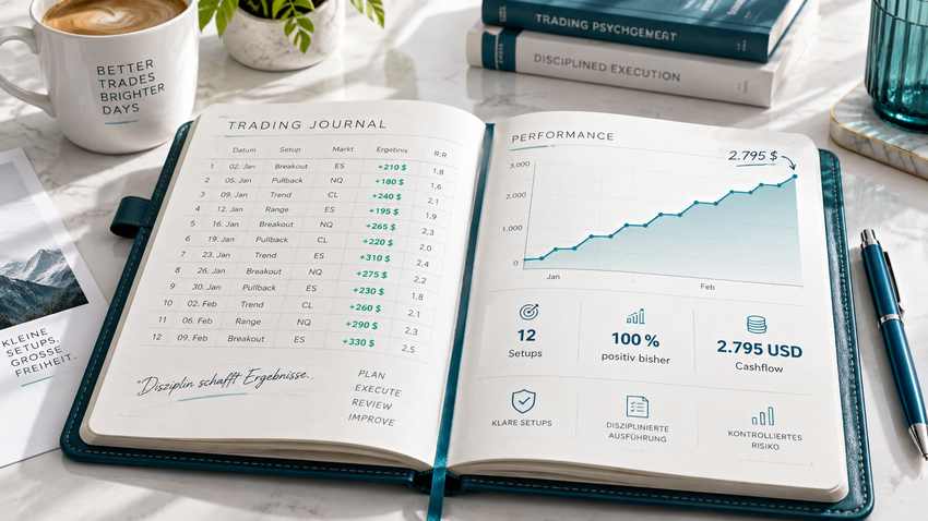 Trading-Journal mit 12 Setups und 2.795 USD Cashflow