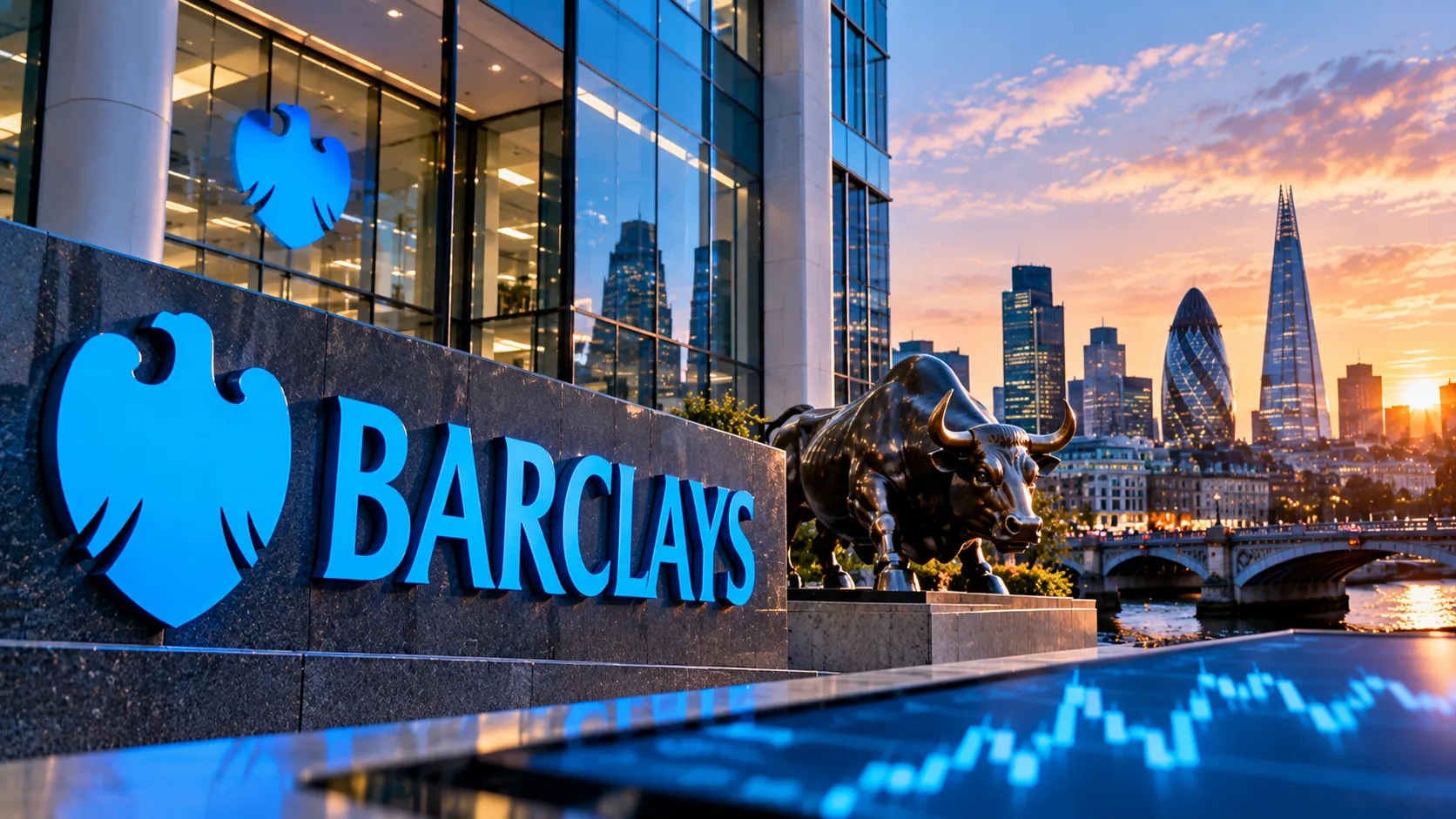 Barclays im Abendlicht mit Börsenbulle