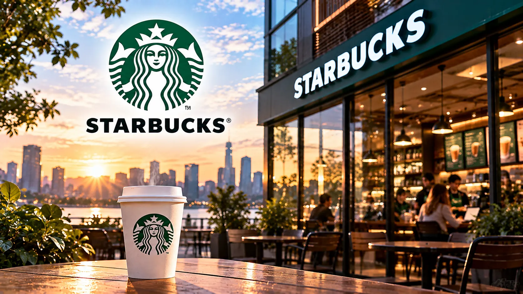Starbucks-Café im goldenen Stadtlicht