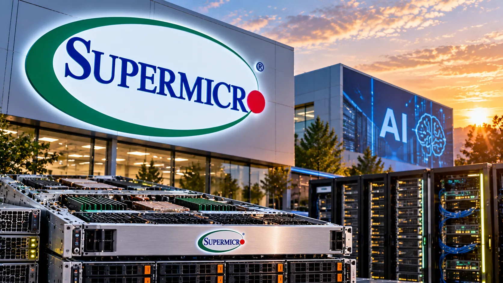 Supermicro KI-Rechenzentrum im Abendlicht