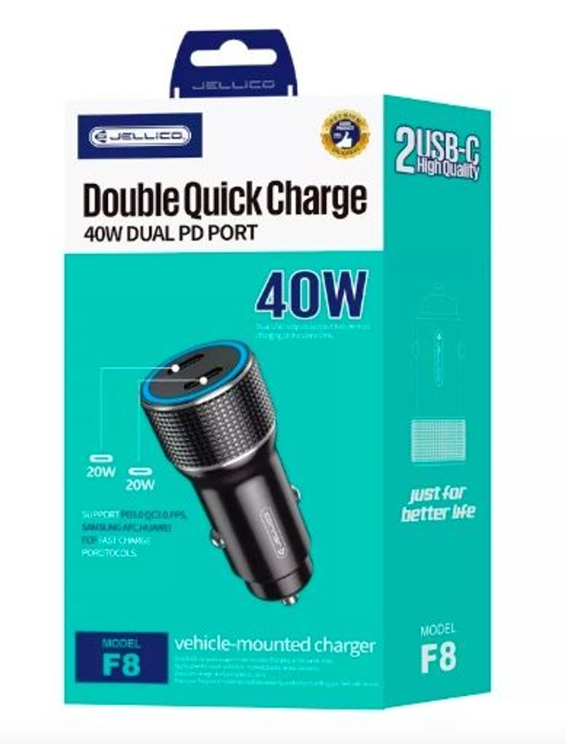 Adaptateur allume cigare USB-C/Type C X2 voiture (40W) JELLICO F8 (Boite/blister) noir