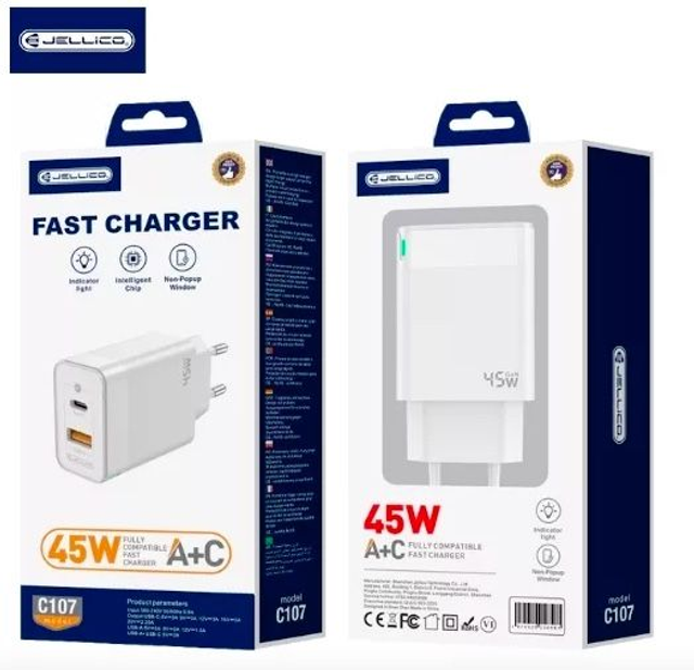 Adaptateur secteur Double port 1X USB-C + 1X USB-A (45W) JELLICO C107 AR0023255