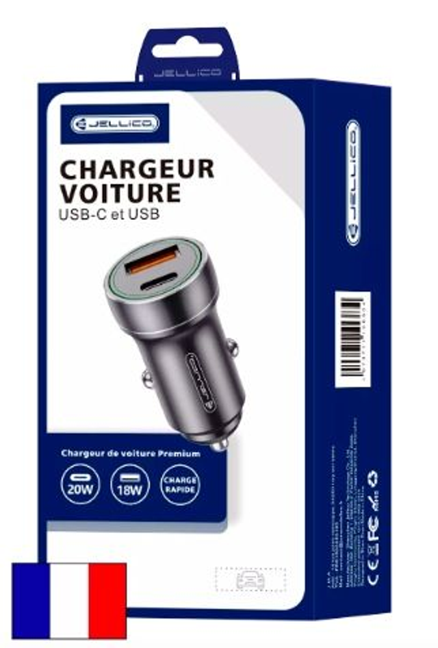 Adaptateur secteur double ports USB (18W) + USB-C/Type C (20W) voiture JELLICO F4 AR0019132